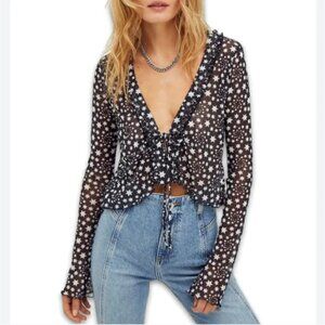Free People Marne Star Print Sheer Mesh Tie Front Coquette Blouse Top Size S